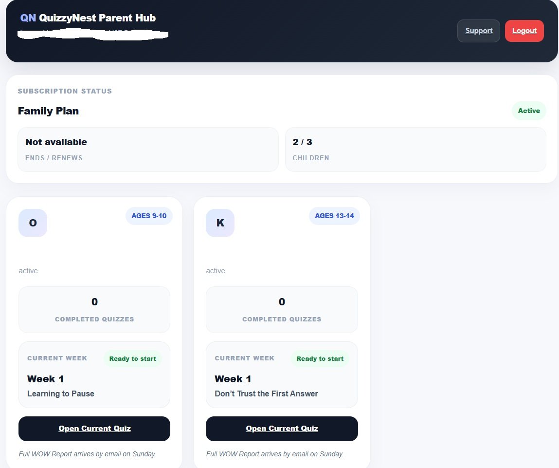 QuizzyNest Parent Hub dashboard